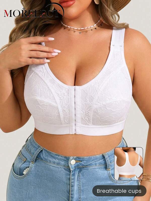 Morelect Plus Size Women's Wire-Free Front Closure Bra, Thin Cup, Adjustable Straps, Push-Up, Side-Smoothing, Lifting & Shaping