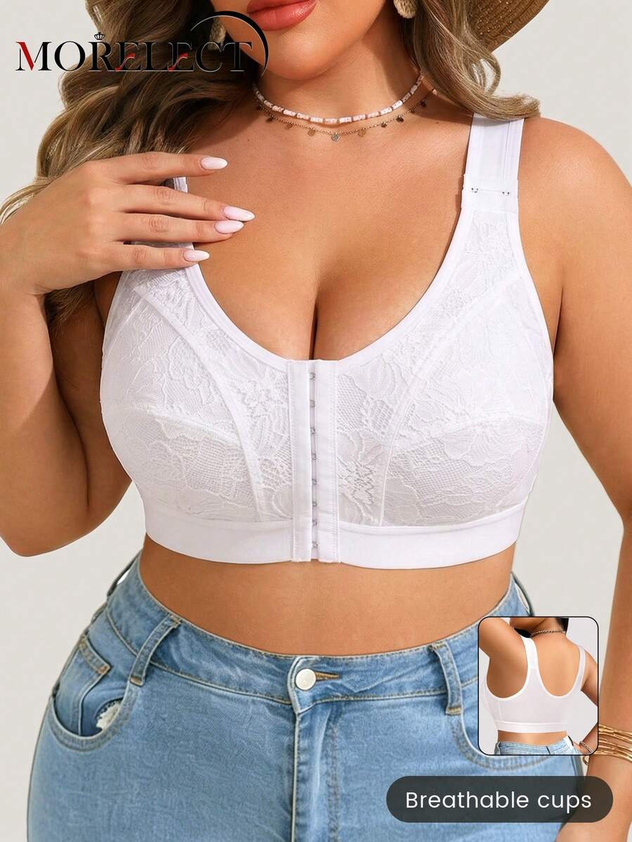 Morelect Plus Size Women's Wire-Free Front Closure Bra, Thin Cup, Adjustable Straps, Push-Up, Side-Smoothing, Lifting & Shaping