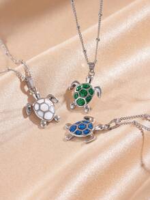 Exquisito collar de tortuga marina de acero inoxidable con brillo azul, collar plateado impermeable estilo Y2K, para mujer, hermosa joyería de vida marina, accesorio para vacaciones en la playa, regalo para mamá/mejor amiga - Plata - Ver 12