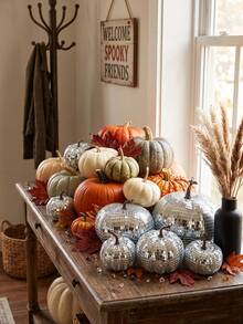1pc Silver Pumpkin Fall Decor Foam Glitter,Mini Disco Pumpkins For Artificial Crafts For Table Party,Halloween Thanksgiving Decorations Decorating Fall Farmhouse Hanging Ornament Harvest Decor For Halloween Thanksgiving Table Centerpiece - Style A - View 4