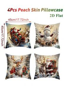 4Pcs Christmas White&Gold Pillow Covers,45*45cm Peach Skin Throw Pillowcase With Santa Claus,Snowman,Reindeer,Xmas Gifts Design,Cushion Cover,Merry Christmas Decorations,Christmas Decoration,Xmas Decor,Christmas Decor,Winter Home Decor,Living Room Bedroom Zipper Pillowcase (Pillow Insert Not Included) - Multicolor - View 13