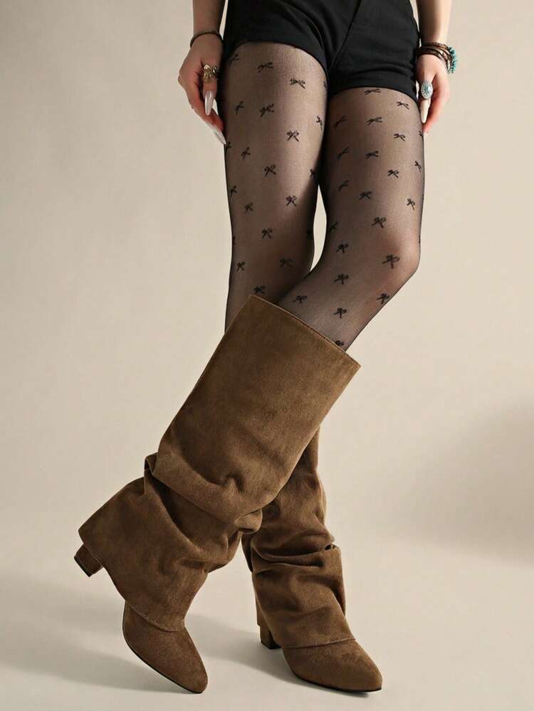 2026 New Women's Pointed Toe Solid Color Chunky High Heel Suede Tall Boots, Fashion Slouchy Boots For Pants And Skirts - Brown - View 2