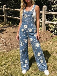 Women's Denim Effect Sleeveless Long Overalls, Casual Versatile, Non-Stretch, With Button Details - Medium Wash - View 6