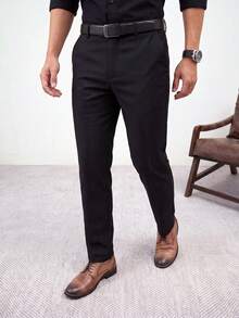 Celana Panjang Kasual Pria Ringan dengan Potongan Lurus dan Model Draping, Warna Polos, Celana Jas Kantor Elastis - Hitam - View 1