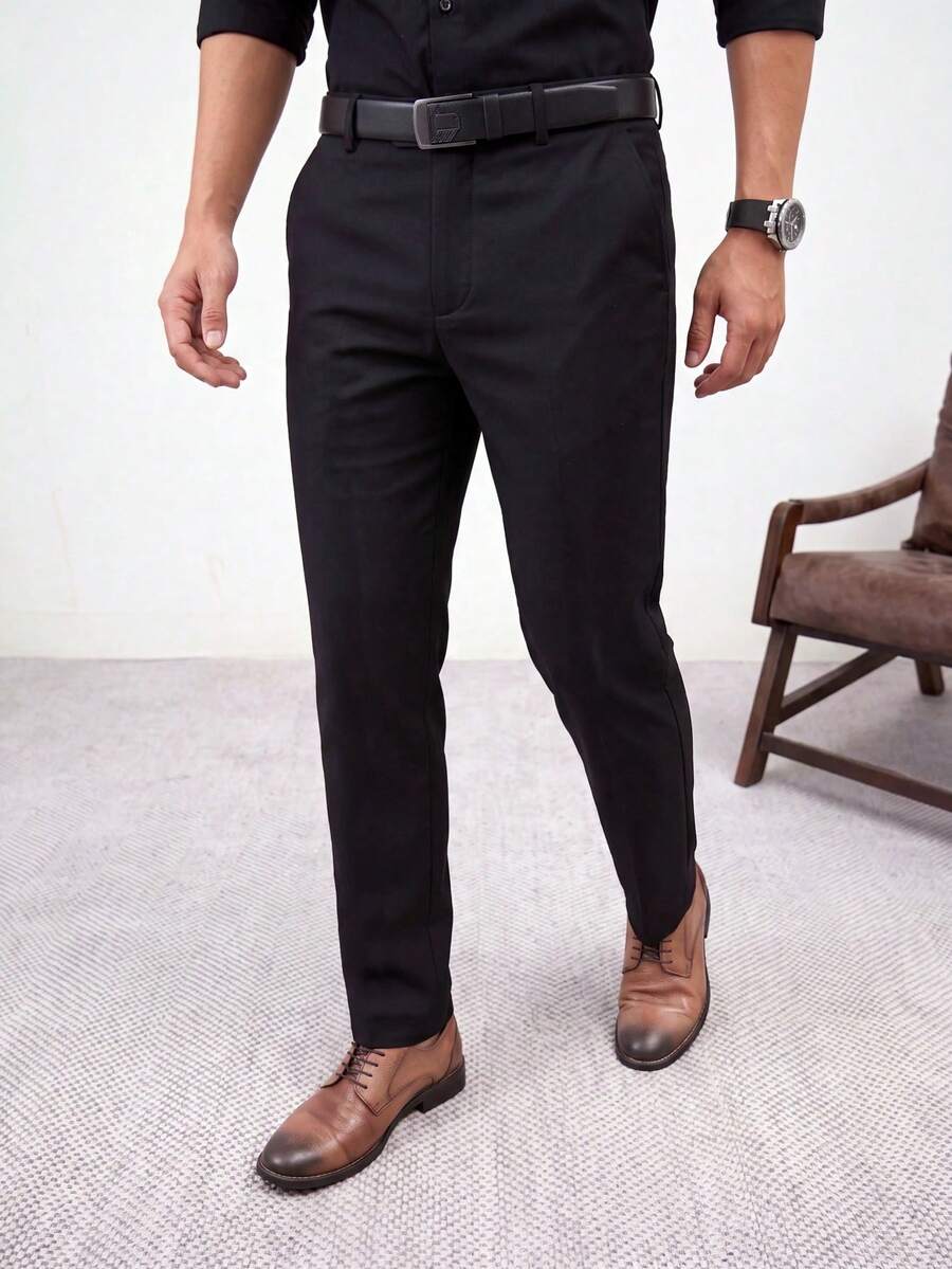 Celana Panjang Kasual Pria Ringan dengan Potongan Lurus dan Model Draping, Warna Polos, Celana Jas Kantor Elastis - Hitam - View 1