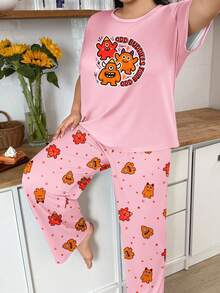 Plus Size Women's Casual Wearable Loungewear Pajama Set, Cute Quirky Cartoon Monster Print Short Sleeve Top & Long Pants 2 Pieces Set - Pink - View 4