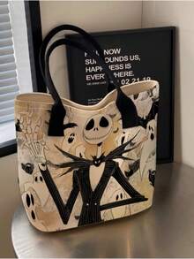 Disney Halloween-Themed Portable Vintage Cartoon Skeleton Jack And Sally Collage Print Handbag, Suitable For Girls And Women - Black - View 6