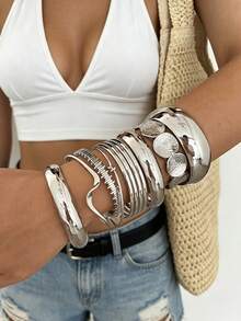 11/6/5/1pc Set Vintage Fashion Glamorous Wavy Knot Round Patchwork Silver Bracelet Suitable For Women's Daily, Party And Vacation Wear, Gift - Silver - View 2