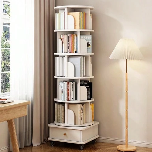 6-Tier Rotating Bookshelf, 360° Rotating Round Shelf With Wheels And Drawer - 5Pcs - 查看 1