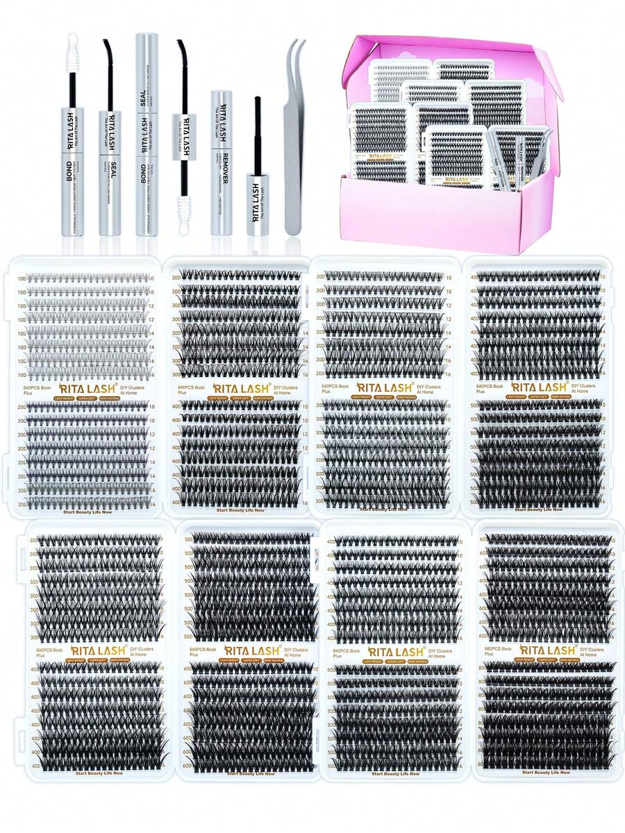 RITALASH RITA 2560/640pcs Single Cluster False Eyelash Extension Set 10D+20D+30D+40D+50D+60D+80D Dense Lash Clusters With Lash Glue, Sealer And Tweezers 10-16mm 7-Style Mixed Lash Cluster Set - Black - View 1