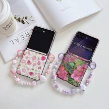 1PC, Gold Foil Outline Embroidered Ball Flower Leaf Print, White Background Pink Strawberry Floral Dual Pattern, Pink Purple Contrast Fresh Color Scheme, Side Dual Ring Buckle Design, Matching Same Color Cloud Star Heart Cartoon Beaded Hand Strap, Dual Color Plastic Connector Ring Accessory, Suitable For Samsung Galaxy Z Flip8, Galaxy Z Flip7, Galaxy Z Flip7FE, Galaxy Z Flip6, Galaxy Z Flip5 - Multicolor - View 13