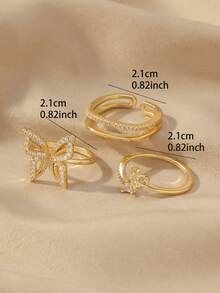 3pcs Set Exquisite Stackable Diamond Ring Set, Butterfly Decor Elegant Gold Ring, Women's Party Decorative Ring - Gold - View 6