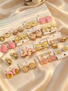 4/8/16/20-Piece Set Of Pink-Gold Enamel Stainless Steel Stud Earrings – Women's Jewelry – Cute Ginkgo Leaf Designs – Elegant Accessories For Women - Multicolor - View 3