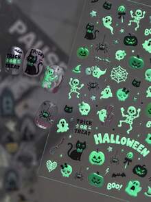 1pc Small Design Fluorescent Halloween Nail Art Stickers, Self-Adhesive Nail Decals With Pumpkin, Ghost, Spider Web, Witch And Stained Glass Pattern Design For Nail Decoration - Multicolor - View 6