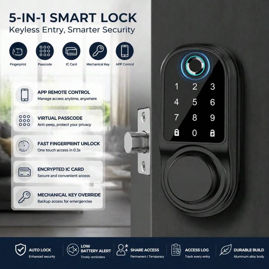 Smart Lock Fingerprint Door Lock – Tuya APP Remote Control, Keyless Entry Door Lock With Biometric Fingerprint, Password, Key, Passage Mode For Home Office – Black - AF06DSTUYA - مشاهدة 1