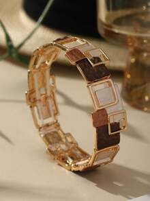 Cring Coco Set Gelang Elastis Enamel Blok Warna Kopi Vintage 2 Buah, Gelang Elastis Tumpuk Geometris Tidak Beraturan, Perhiasan Gelang Lebar Bertekstur Retro untuk Wanita - Geometri 1 - View 9