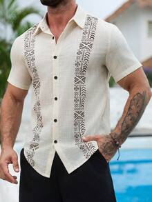 Homme Camisa de manga corta informal de verano con estampado vintage para hombres - albaricoque - Ver 1