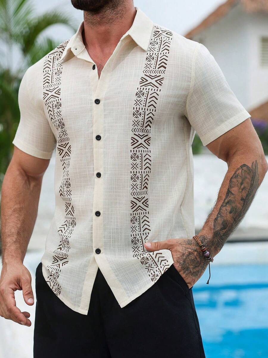 Homme Camisa de manga corta informal de verano con estampado vintage para hombres - albaricoque - Ver 1
