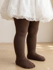 1 Pair Fine Vertical Striped Children's Tights, Versatile Minimalist Girls' Tights, Spring/Autumn Solid Color Double-Needle Girls' Tights - Coffee Brown - View 6