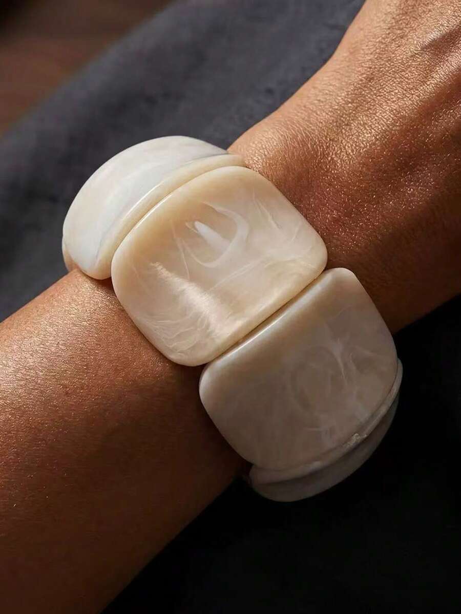 Marble Pattern Elastic Bracelet, Suitable For Holidays, Spring/Summer, Beach, Festivals, Vacations And Other Occasions, Cute For Daily Wear - White - View 1
