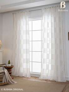 Bubaba Boho Textured Sheer Curtain Panel With Tassel Trim, Beige Patchwork Voile Window Drapes For Living Room, Bedroom And Farmhouse Decor - Beige - View 5