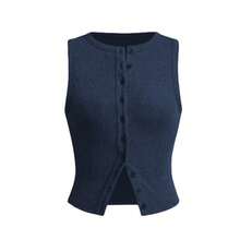 Summer New Knitted Simple Slim Sleeveless Solid Color Undershirt Undershirt Women - 藏青色 - 查看 2