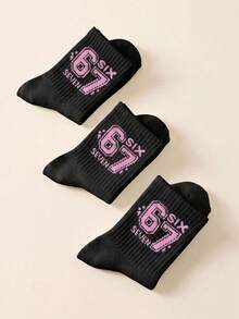 3 Pairs Kids Ribbed Crew Socks,Black And White Contrast Hosiery With Pink Number 67 For Back To School,Halloween, Casual Essentials For Students - Multicolor - View 5