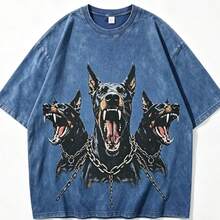 2026 New Arrival Summer Unisex Cerberus Doberman Graphic T-Shirt,Sleeve Tee, Gothic Three-Headed Dog Print Oversized Top For Streetwear - 藍色 - 查看 6