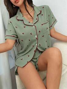 Dreamivo 2pcs/Set Women's Cherry Print Summer Pajama Set, Short Sleeve Button-Up Shirt And Shorts, Casual Loungewear - Olive Green - View 4