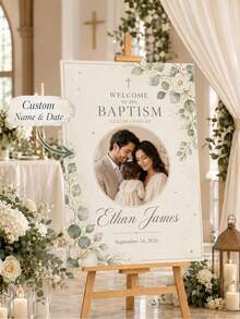 Baptism Welcome Sign, Baptism Sign, Baby Boy & Girl Baptism Decor, Religious Milestone Event Entrance Display Board, Customized Personalized Baptism Sign, Floral & Bow, Catholic & Christian Party Decoration, First Communion Welcome Sign, Frameless - Multicolor - View 1