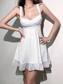 Vestido midi elegante de mujer con parches de malla de unicolor, adecuado para citas y fiestas - Blanco - Ver 2