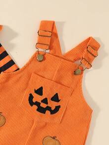Infant Girl Long Sleeve Flutter Sleeve Striped Bodysuit Ribbed Pumpkin Embroidery Overalls Headband 3pcs Set Cute Halloween Baby Outfit Spring Autumn Holiday Outing Daily Wear - Multicolor - View 6