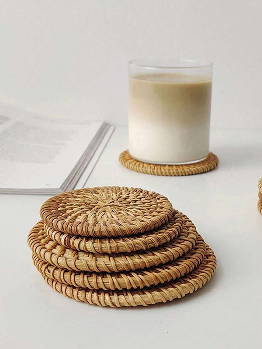1pc/5pcs Round Woven Rattan Heat-Resistant Coasters, Heat-Resistant Pot Mats, Suitable For Kitchen And Dining Room. Wooden Storage Tea Set Accessories, Suitable For Valentine's Day, Wedding, Birthday And Other Occasions. - Multicolor - View 1