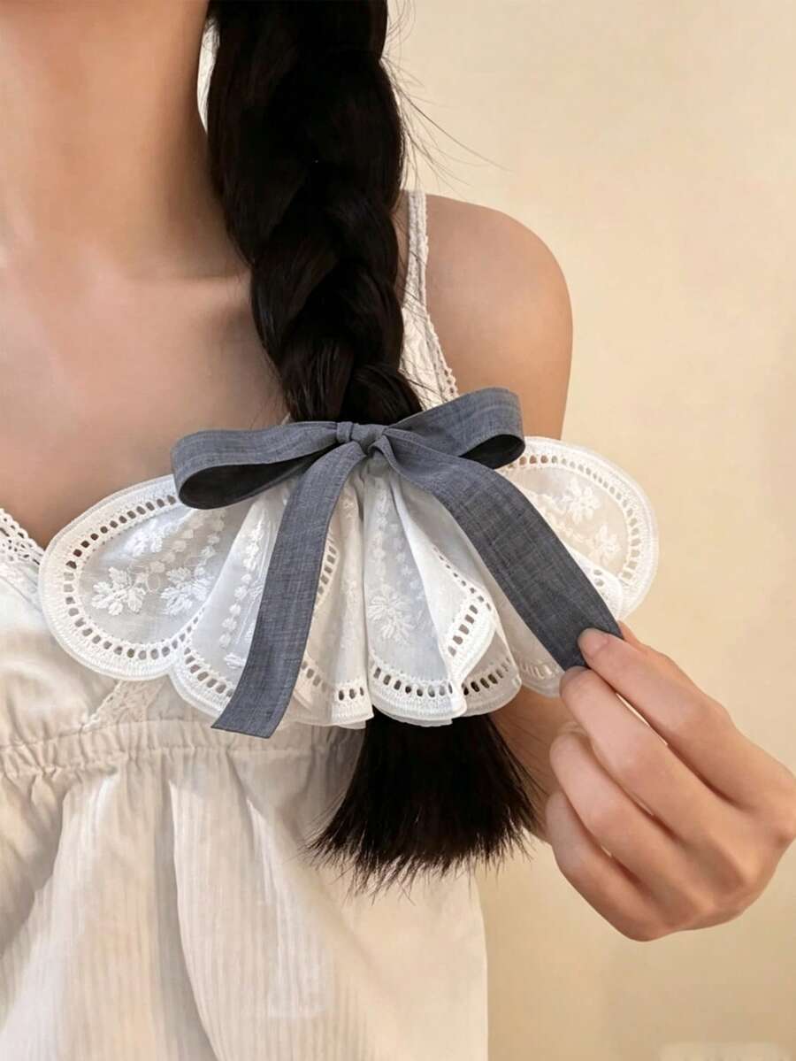 1pc Women's Grey Lace Bow Hair Claw Clip, Korean Style Preppy Ribbon Spring Hair Accessory
