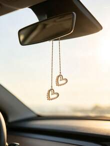 1pc Pearl Rhinestone Border Heart Car Rearview Mirror Hanging Ornament, Elegant Style Auto Interior Decor Vehicle Accessory - A - View 5