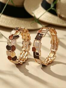 Cring Coco Set Gelang Elastis Enamel Blok Warna Kopi Vintage 2 Buah, Gelang Elastis Tumpuk Geometris Tidak Beraturan, Perhiasan Gelang Lebar Bertekstur Retro untuk Wanita - Geometri 1 - View 1