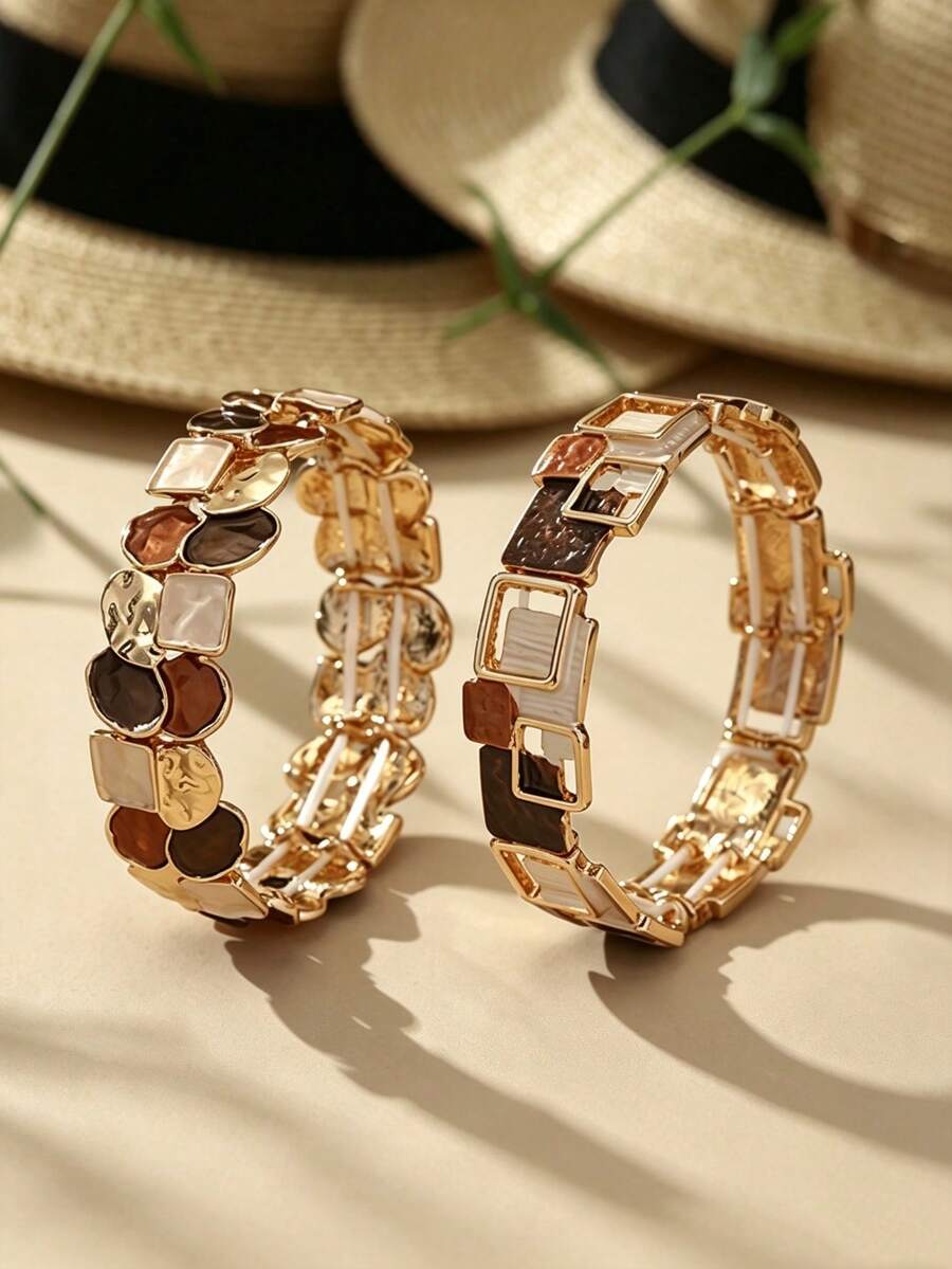 Cring Coco Set Gelang Elastis Enamel Blok Warna Kopi Vintage 2 Buah, Gelang Elastis Tumpuk Geometris Tidak Beraturan, Perhiasan Gelang Lebar Bertekstur Retro untuk Wanita - Geometri 1 - View 1
