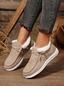 Women Corduroy Fleece Lined Ankle Boots, Warm Slip On Winter Casual Snow Booties With Plush Collar - Khaki - View 3