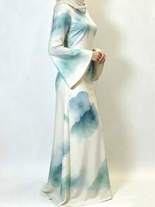 優雅 Abaya 長裙，彈性面料，喇叭長袖，抽象印花圖案，度假風，春季白色秋季 - 白色 - 查看 3