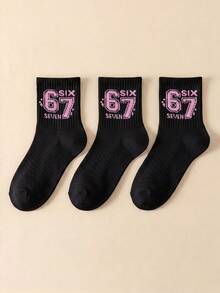 3 Pairs Kids Ribbed Crew Socks,Black And White Contrast Hosiery With Pink Number 67 For Back To School,Halloween, Casual Essentials For Students - Multicolor - View 16