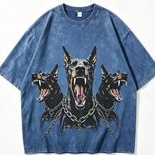 2026 New Arrival Summer Unisex Cerberus Doberman Graphic T-Shirt,Sleeve Tee, Gothic Three-Headed Dog Print Oversized Top For Streetwear - 藍色 - 查看 9