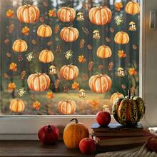 4pcs Autumn Pumpkin Window Stickers, Autumn Maple Leaf Pine Cone Mushroom Window Stickers, Double-Sided Thanksgiving Harvest Glass Decals, Suitable For Home Decor - Multicolor - View 2