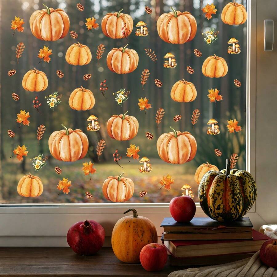 4pcs Autumn Pumpkin Window Stickers, Autumn Maple Leaf Pine Cone Mushroom Window Stickers, Double-Sided Thanksgiving Harvest Glass Decals, Suitable For Home Decor