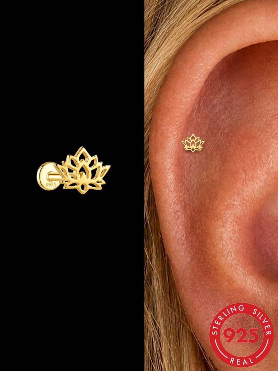 1pc 925 Sterling Silver Gold Plated Flat Back Cartilage Stud Hollow Lotus Flower Piercing Earring, Hypoallergenic Delicate Jewelry, Suitable For Daily Wear, Wedding, Gift - Gold - View 1