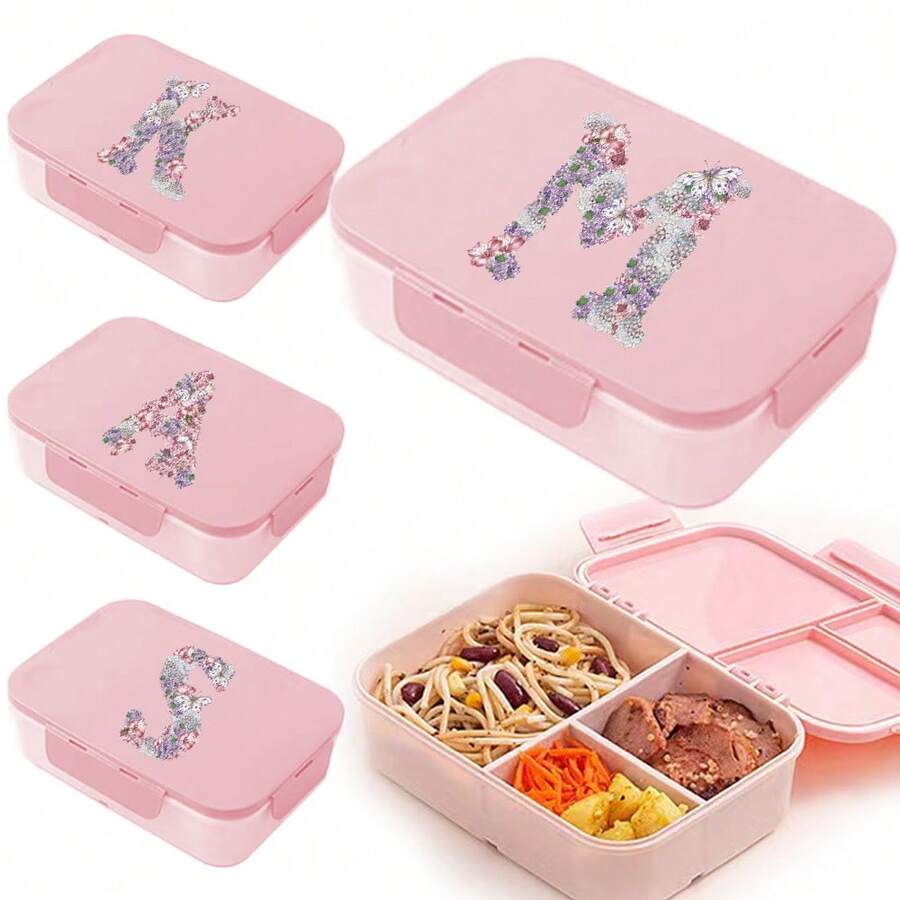 3-Compartment Travel Bento Lunch Box With Flip Lid, Leak-Proof Portable Meal Container For Outdoor Activities, Breakfast And Meal Prep, Kitchen Accessory, Camping Essential, Rose Flower With 26 Alphabet Initials Pattern - Pink - View 1