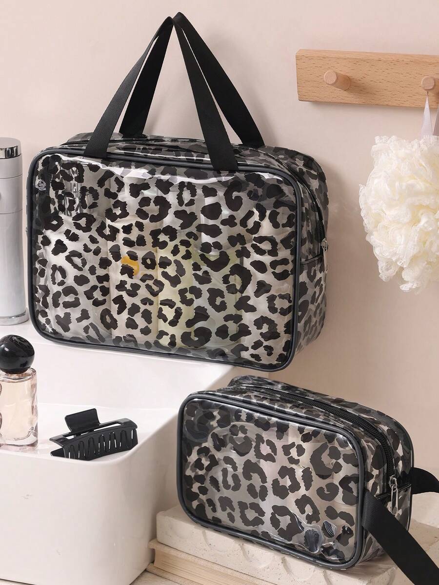 Large Capacity Fashionable Leopard Print Travel Toiletry Bag, Dual Handle Transparent Waterproof Makeup Storage Bag, Portable Women's Storage Bag, Bohemian Style, Suitable For Bathroom, Travel, Vacation, Gym, College Dorm, Weekend Outings And Daily Storage, Back To School Bag, Travel Bag, School Supplies, Gift - Black - View 1