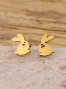 1 paire de boucles d'oreilles clous mini lapin en acier inoxydable doré, bijoux d'oreilles animal mignon de dessin animé hypoallergénique pour tenue quotidienne des femmes - GED904 - Voir 1