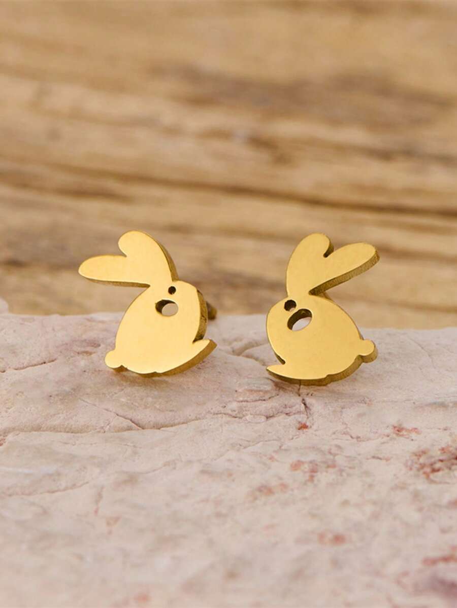 1 paire de boucles d'oreilles clous mini lapin en acier inoxydable doré, bijoux d'oreilles animal mignon de dessin animé hypoallergénique pour tenue quotidienne des femmes - GED904 - Voir 1