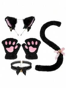 Cat Cosplay Costume - 4pcs Cat Ears & Tail Set, Collar, Paws & Gloves Cat Cosplay Costume Accessories Halloween Outfit - Multicolor - View 7
