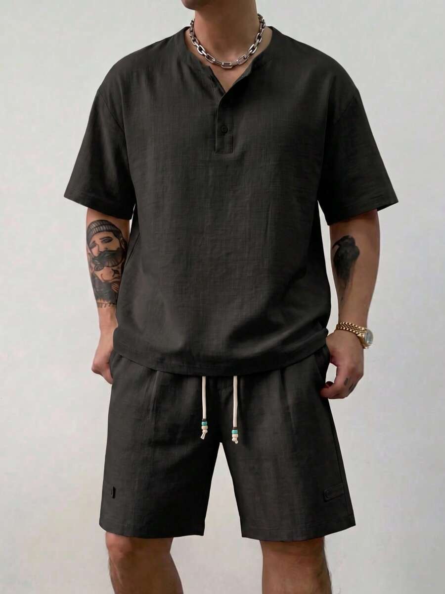 Blueprint Man Men's Linen-Like Casual Set, Apricot Henley Collar Short Sleeve T-Shirt + Shorts, Drawstring Waist + Colorful Bead Drawstring Design, Breathable, Wrinkle-Resistant, Durable, Non-Deforming, Minimalist Casual Fashion Style 2 Pieces Set, Spring/Summer Commute, Vacation, Home Wear, Please Size Down For A Better Fit - Black - View 1